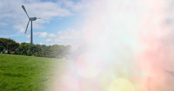 Composition Wind Turbine Countryside Pink Smoke Global Environment Sustainability Global — Stock Photo, Image