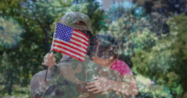 Composition Fireworks American Soldier Carrying His Daughter Holding American Flag — Stock Photo, Image