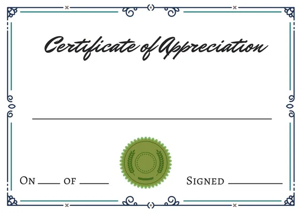 Certificate of appreciation text with blue frame and green stamp on white background. appreciation and celebration concept digitally generated image.