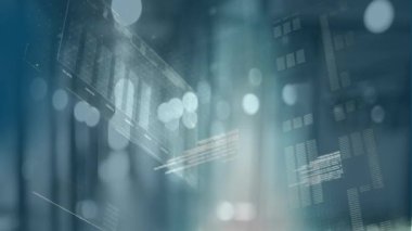 Veri işleme ile dijital arayüz ve arka plandaki boş ofise karşı ışık noktaları. küresel finans ve iş kavramı