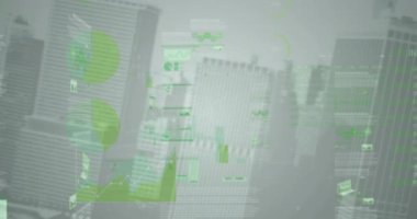 Finansal ve borsa verileri arka plandaki yüksek binalarla karşılaştırılıyor. küresel finans ve iş kavramı