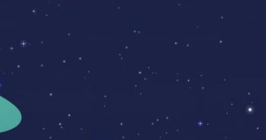 Evrenin animasyonu. Dünyanın etrafında uçan bir uçak ve mavi gökyüzündeki yıldızlar. Astronomi, galaksi ve uzay yolculuğu konsepti dijital olarak oluşturulmuş video.