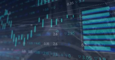 Şehir manzarası üzerinde finansal veri işleme animasyonu. küresel iş ve finans, dijital olarak üretilen teknoloji konsepti.