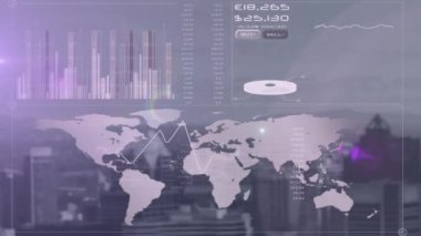 Arka planda şehir manzarasına karşı finansal veri işleme ile dijital arayüz. küresel finans ve iş teknolojisi kavramı
