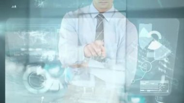 Finansal veri işlemenin animasyonu ve iş adamlarının ekrana dokunması üzerine bağlantı ağları. küresel iş ve finans, dijital olarak üretilen teknoloji konsepti.