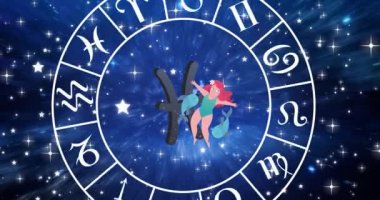 Mavi gökyüzündeki yıldızların üzerinde dönen burç çarkının içindeki Balık burcunun animasyonu. Astroloji ve yıldız işaretleri konsepti dijital olarak oluşturulmuş video.