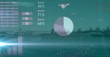 Arka plandaki şehir manzarasına karşı finansal ve istatistiksel veri işleme üzerinde bir ışık noktası. küresel finans ve iş kavramı