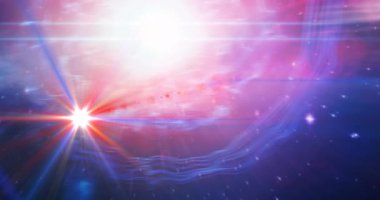 Pembe ve mor evrende parlayan kırmızı noktaların ve yıldızların animasyonu. alan, astronomi ve galaksi konsepti dijital olarak oluşturulmuş video.