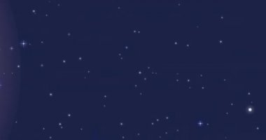 Beyaz çizgileri ve mavi gökyüzünde yıldızları olan pembe ve sarı gezegenli evrenin animasyonu. Astronomi, galaksi ve uzay yolculuğu konsepti dijital olarak oluşturulmuş video.