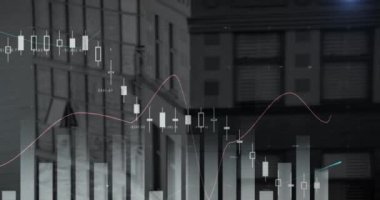 Arka plandaki yüksek binalarla finansal veri işlemenin dijital bileşimi. küresel finans ve iş kavramı