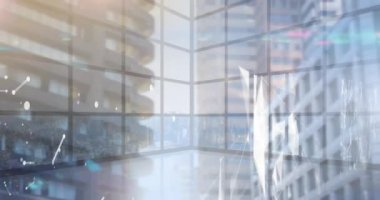 Boş ofisler ve şehir manzarası üzerinden bağlantı ağının animasyonu. küresel bağlantılar, teknoloji ve dijital arayüz konsepti dijital olarak oluşturulmuş video.