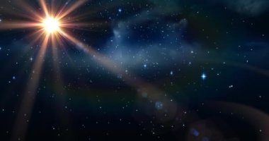 Parlayan güneş ve mavi gökyüzündeki yıldızların üzerindeki Zodyak işaretlerinin animasyonu. Astroloji ve yıldız işaretleri konsepti dijital olarak oluşturulmuş video.