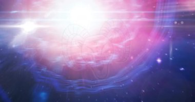 Animasyon yıldızları güneş ışığı ve gece pembe ve mavi gökyüzü üzerine işaretler. Astroloji ve zodyak işaretleri dijital olarak oluşturulmuş video konsepti.