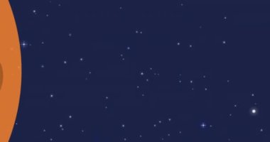 Turuncu ay ve mavi gökyüzündeki yıldızlı evrenin animasyonu. Astronomi, galaksi ve uzay yolculuğu konsepti dijital olarak oluşturulmuş video.