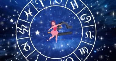 Mavi gökyüzündeki yıldızların üzerinde dönen burç çarkının içindeki terazi yıldızının animasyonu. Astroloji ve yıldız işaretleri konsepti dijital olarak oluşturulmuş video.