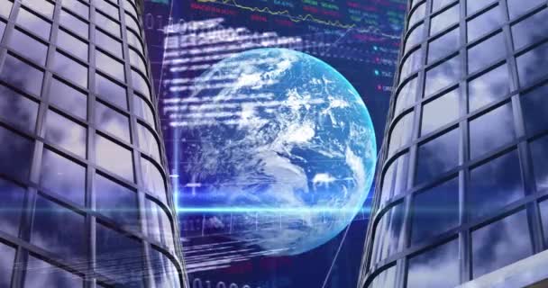 世界中の株式市場のデータ処理と青を背景とした背の高い建物 世界の金融とビジネスの概念 — ストック動画