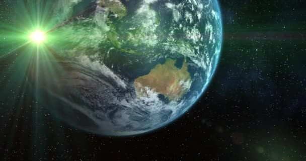 Animatie Van Planeet Aarde Universum Groen Gloeiende Ster Gezien Vanuit — Stockvideo