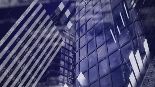 Анімація Обробки Фінансових Даних Над Сучасними Офісними Будівлями Глобальні Фінанси — стокове відео