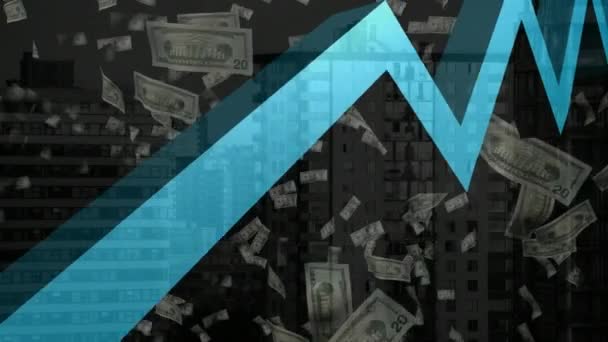 Gráficos Azuis Sobre Notas Dólares Americanos Que Caem Contra Edifícios — Vídeo de Stock