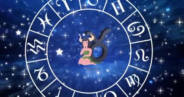 Анимация Звездного Знака Тавра Внутри Вращающегося Колеса Знаков Зодиака Над — стоковое видео