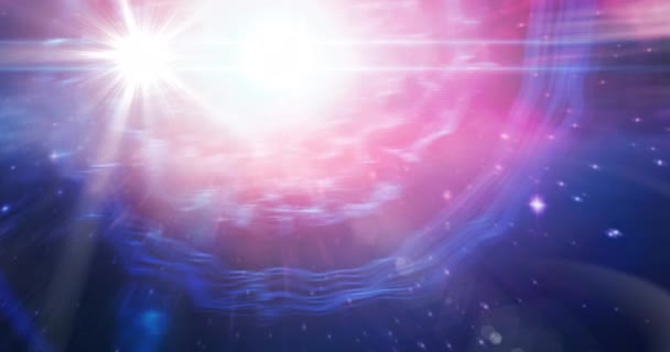 在明亮的白斑上的撒旦的动画和宇宙中粉色和紫色光迹上的星星 天文学和星系概念数字生成视频 — 图库视频影像