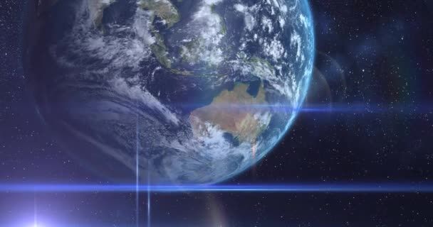 Animacja Planety Ziemia Wszechświecie Niebieskie Świecące Ścieżki Świetlne Widziane Kosmosu — Wideo stockowe