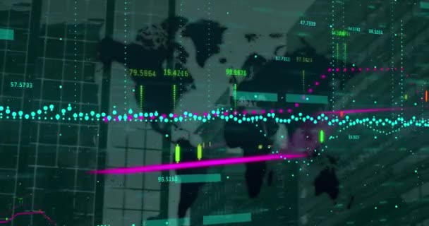 Animação Processamento Dados Financeiros Sobre Mapa Mundo Edifícios Escritórios Modernos — Vídeo de Stock