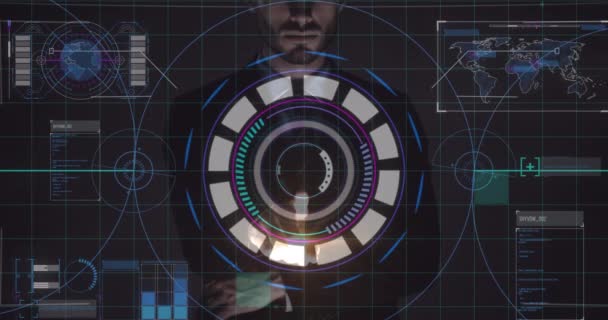 Data Processing Scope Scanning Caucasian Man Touching Futuristic Screen Computer — 비디오