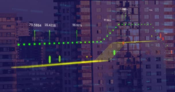 Digitale Zusammensetzung Der Finanzdatenverarbeitung Vor Hohen Gebäuden Hintergrund Globales Finanz — Stockvideo