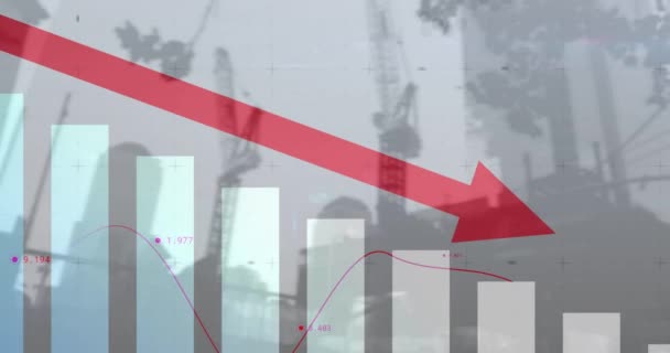 Animación Del Procesamiento Datos Financieros Con Flecha Roja Descendiendo Sobre — Vídeos de Stock