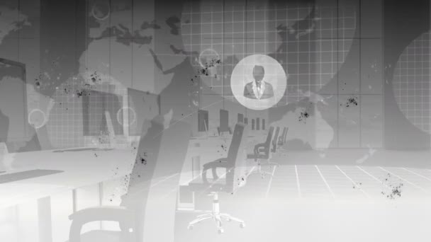 Múltiples Iconos Digitales Flotando Sobre Mapa Del Mundo Contra Oficinas — Vídeos de Stock