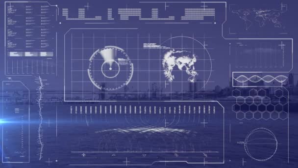 Digitale Schnittstelle Mit Datenverarbeitung Über Stadtbild Vor Blauem Hintergrund Computerschnittstelle — Stockvideo