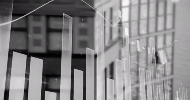 Procesamiento Datos Financieros Estadísticos Contra Edificios Altos Segundo Plano Concepto — Vídeo de stock