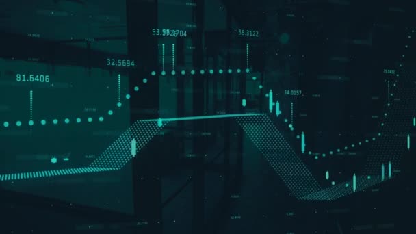 背景の街並みに対する世界地図上の金融データ処理 世界の金融とテクノロジーの概念 — ストック動画