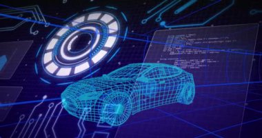 Ekranlarda 3D araba teknik çizimi, tarama ve veri işleme animasyonları. küresel bağlantılar, teknoloji ve dijital arayüz konsepti dijital olarak oluşturulmuş video.