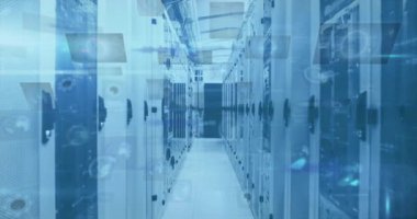 Bilgisayar sunucularındaki ekranlarda tarama ve veri işleme alanlarının animasyonu. küresel bağlantılar, teknoloji ve dijital arayüz konsepti dijital olarak oluşturulmuş video.