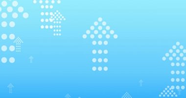 Mavi zemin üzerinde noktalar olan birden fazla beyaz okun animasyonu. yön ve hareket kavramı dijital olarak oluşturulmuş video.