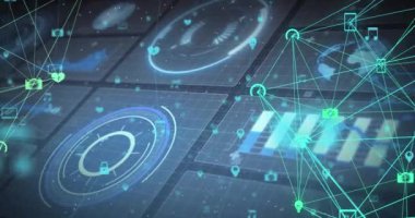 Izgara üzerindeki ekranlarda bağlantı ağları, dürbünler tarama ve veri işleme animasyonları. 