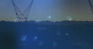 Elektrik direkleri üzerindeki ekranlarda tarama ve veri işleme dürbünlerinin animasyonu. küresel bağlantılar, teknoloji ve dijital arayüz konsepti dijital olarak oluşturulmuş video.