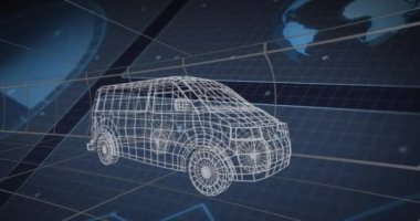 3d minibüs teknik çizim dürbünlerinin animasyonu ekranlarda tarama ve veri işleme. küresel bağlantılar, teknoloji ve dijital arayüz konsepti dijital olarak oluşturulmuş video.