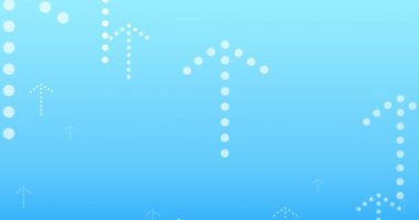 Mavi zemin üzerinde noktalar olan birden fazla beyaz okun animasyonu. yön ve hareket kavramı dijital olarak oluşturulmuş video.