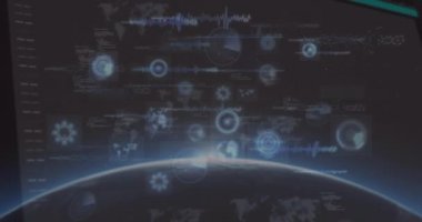 Dünya ve güneş üzerinde tarama ve veri işleme dürbünlerinin animasyonu. küresel bağlantılar, teknoloji ve dijital arayüz konsepti dijital olarak oluşturulmuş video.
