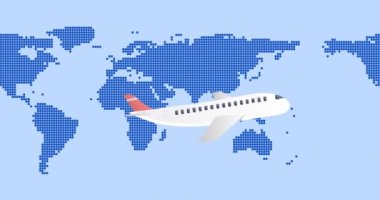 Mavi dünya haritasında uçan uçağın animasyonu. küresel seyahat ve turizm kavramı dijital olarak üretilen video.