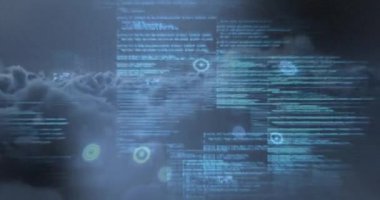 Kapsam taraması ve bulutlu gökyüzünde veri işleme animasyonları. küresel bağlantılar, teknoloji ve dijital arayüz konsepti dijital olarak oluşturulmuş video.