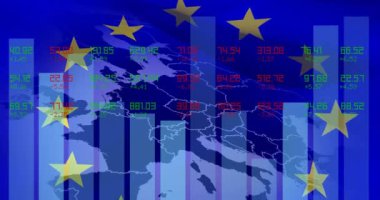 eu yıldızları üzerine veri işleme ve istatistik kaydı animasyonu ve mavi üzerine Avrupa haritası. küresel teknoloji, ağ oluşturma ve dijital arayüz kavramı dijital olarak oluşturulmuş video.