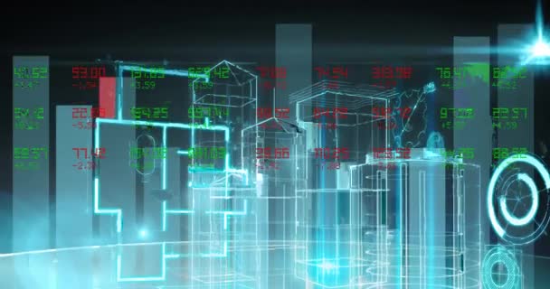 Animation Der Datenverarbeitung Und Statistischen Erfassung Über Architektenpläne Globale Technologie — Stockvideo