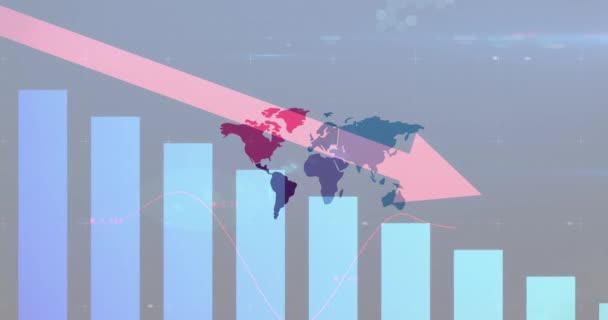 Animación Flecha Descendente Con Estadística Procesamiento Datos Sobre Mapa Mundial — Vídeo de stock