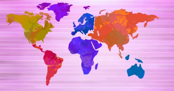 Animación Mapa Del Mundo Multicolor Moviéndose Sobre Fondo Rayado Rosa — Vídeo de stock