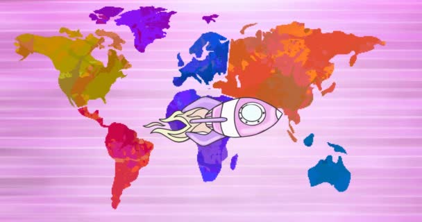 Animación Del Cohete Espacial Volando Sobre Mapa Del Mundo Multicolor — Vídeos de Stock