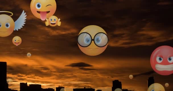 Animation Emoji Icons Flying Cityscape Sunset Global Social Media Networking — Stock Video